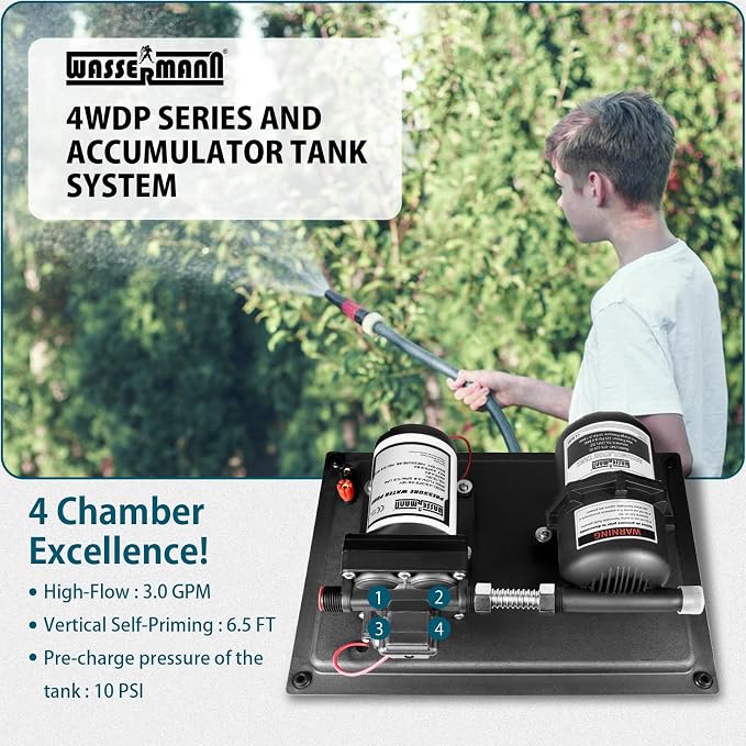 WASSERMANN 12V RV Water Pump and Accumulator Tank System, 3.0GPM 55PSI Self Priming Water Diaphragm Pump with 0.75L 10 PSI Pre-Pressurized Accumulator Tank, Pressure Switch, for Boat Garden RV Camping