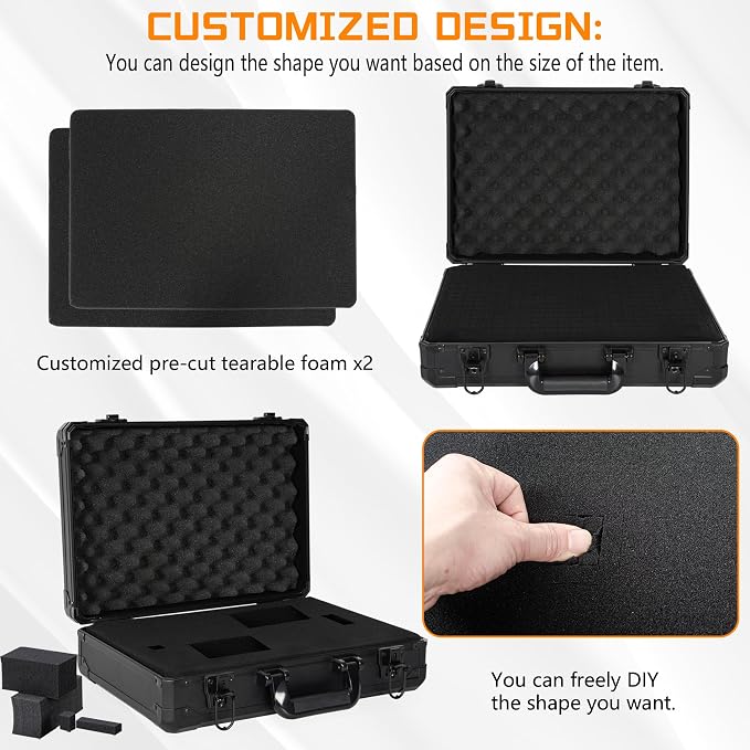15 Inch Aluminum Carrying Case 15 X 11 X 6 Inch Ideal for Microphone & Camera Gear Transportation, DJ Mixer Case with Customizable Pre-Diced Foam, Black