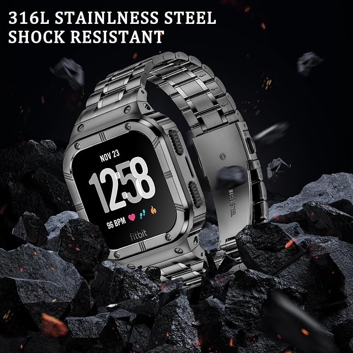 BAITEYOU Stainless Steel Watch Band with Case Compatible for Fitbit Versa/Fitbit Sense Bands, Rugged Protective Bumper Metal Wristbands for Men Women