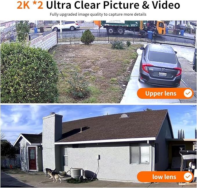 Dual Lens Security Cameras Wireless Outdoor for Home Security, 2K Ultra HD Resolution, 2.4GHz WiFi, 2-Way Audio, Color Night Vision, Motion Detection, PTZ 360 Coverage, No Monthly Fee, IP65 Waterproof