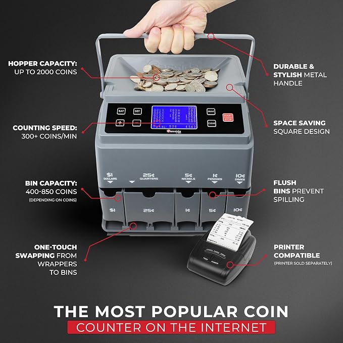 Cassida C300 Professional USD Coin Counter, Sorter and Wrapper/Roller, 300 coins/min, with Quickload and Printing-Compatible,Gray
