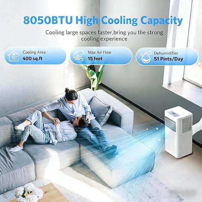 Electactic 8050 BTUs Portable Air Conditioners for Room up to 400 Sq. Ft, Air Conditioners Portable with Cool/Fan/Dry/Sleep Mode, 24H Timer, Remote Control, Window Kit