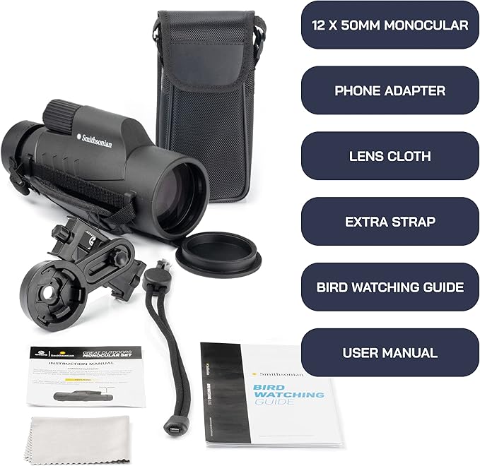 Omano Smithsonian 12x50 Monocular Telescope with Smartphone Adaptor – Monoculars for Adults - High Powered Telescope – Ideal Monocular for Bird Watching and Nature Enthusiasts – HD monocular telescope