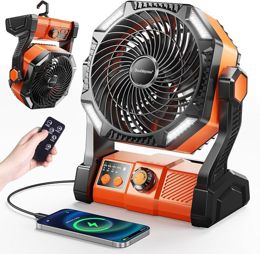 Doublepow 20000mAh Camping Fan with LED Light, Rechargeable Portable Table Fan, Upgrade Knob Adjustment 8 Speed with Remoter, Hook, Timer, Tent Fans for Fishing, Hurricane, Power Outage Essentials