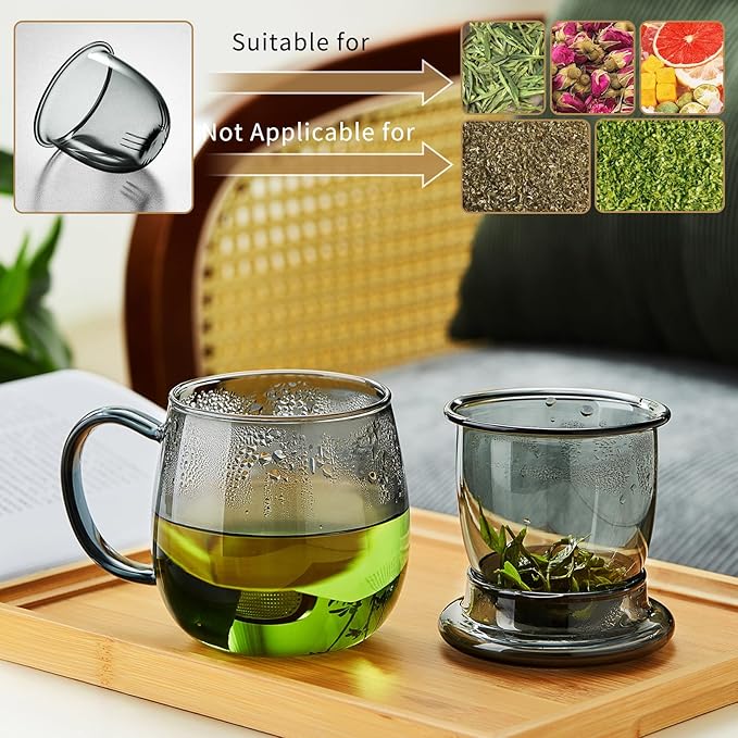 DOPUDO Glass Tea Cup with Infuser and Lid, 17.6oz/520ml Large Borosilicate Teacup & Coffee Mug Warmer with Auto Shut Off, 3 Temperature Settings