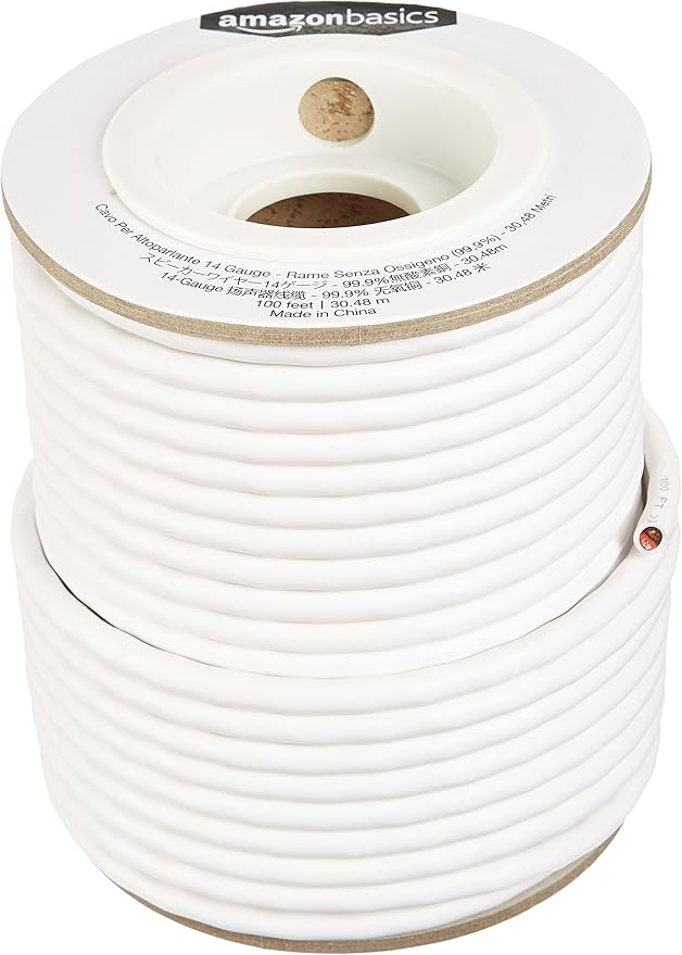 Amazon Basics 14-Gauge Audio Speaker Wire Cable for Audio Applications, 99.9% Oxygen-Free Copper, Color Coded, Insulated Jacket, 100-Foot, White
