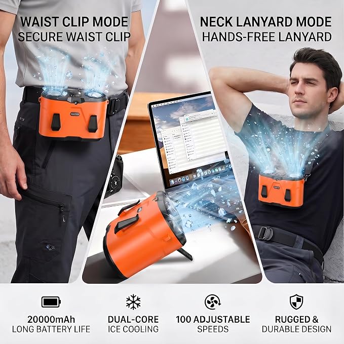 20000mAh Wearable Waist Fan, USB Rechargeable Personal Fan with 10 Wind Speeds, Dual Motors Portable Clip On Fan, Hands Free Cooling Fan for Outdoor Working Camping Travel (Orange)