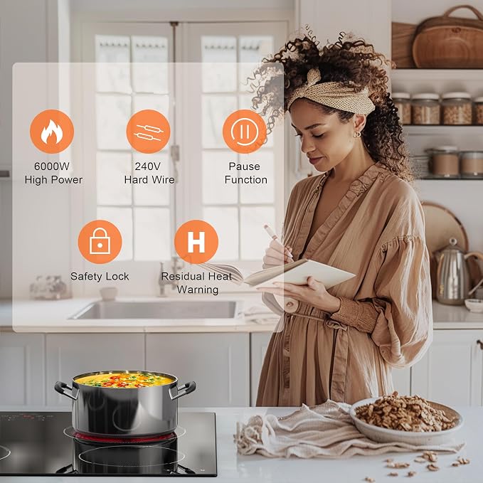 24 Inch Electric Cooktop Built in Electrics Stove Top, 4 Burner Electric Stove, Touch Control, 6000W, 9 Power Levels, Safety Lock, Timer, Pause Function, 240V Hard Wire(No Plug)