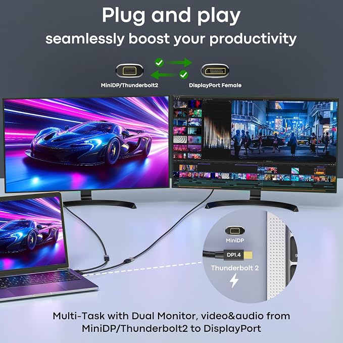 8K Mini DisplayPort to DisplayPort 1.4 Adapter,8K@60Hz Bi-Directional Mini DP to DP Adapter, (4K@144Hz,2K@240Hz) Thunderbolt 2 to DisplayPort Adaptor for Gaming Laptop, MacBook,iMac,Monitor,VR