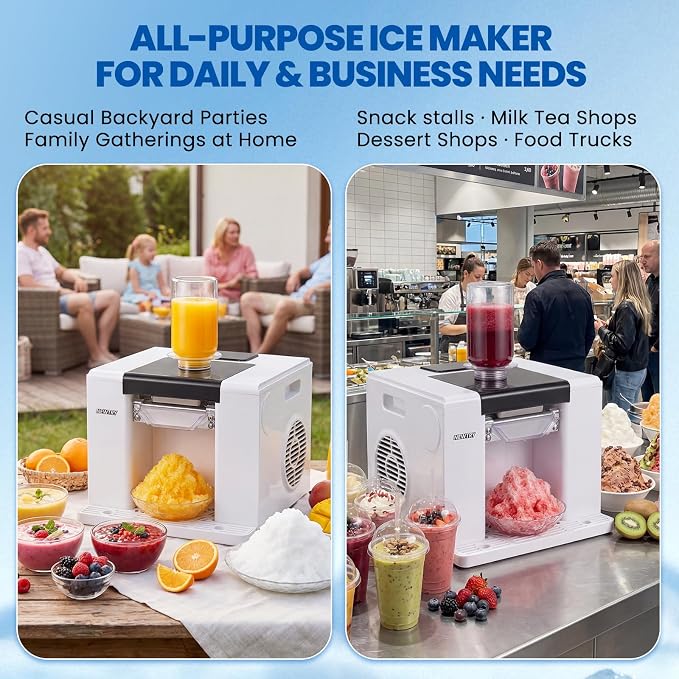 NEWTRY Snowflake Ice Machine 280W Shaved Ice Machine Automatic Snow Cone Maker Air Cooling Efficient Ice Crushing for Party Bar Home 110V (White)