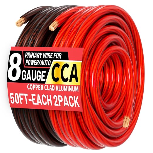 8 Gauge Wire(50FT Black + 50FT Red) Copper Clad Aluminum CCA Battery Cable, Primary Power/Ground Cable for Car Audio Speaker, RV Trailer, Amp, Inverter RV Truck, Solar Equipment, Translucent Jacket