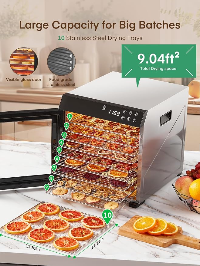 FOHERE Food Dehydrator for Jerky 1000W, 10 Trays With Large 9.04ft² Drying Space,176°F Temperature Control, Digital Adjustable Timer, Light, Dryer Machine for Dog Treats,Herbs, Meat, Fruit, and Yogurt