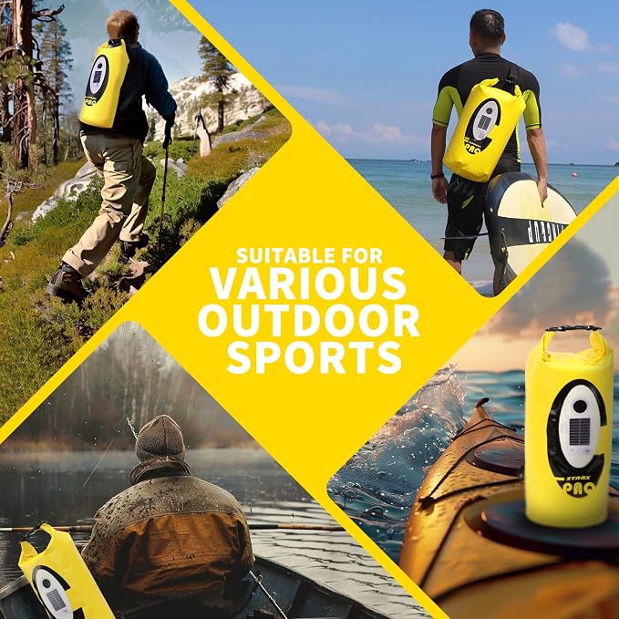 FELICON Waterproof Dry Bag Backpack with Bluetooth Speaker, 20L Roll Top Floating Sack, Solar & USB-C Powered Emergency Charger, RGB Light, Heavy Duty PVC for Kayaking Camping, Yellow
