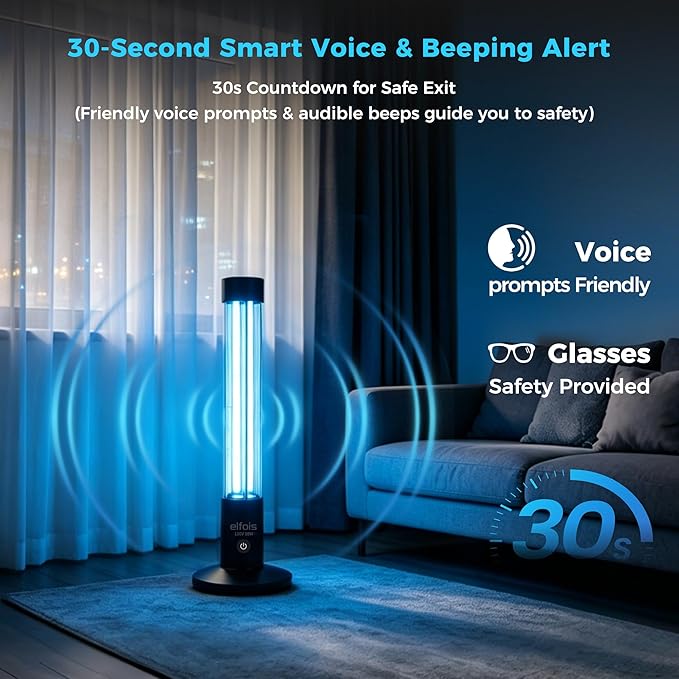 UV Light Sanitizer Lamp Upgraded 38W with Radar Motion Sensor & Voice Alert, 254nm Ozone-Free UVC Lamp for Room Sanitization, 3 Timer Modes, Magnetic Remote & Protective Glasses Included