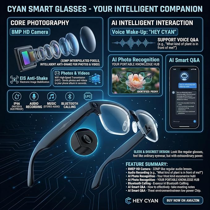 AI Smart Glasses with Camera, 1080P HD POV First-Person View Video Recording and Translator, AI Object Recognition, Bluetooth Audio, 290mAh Battery, Photochromic Lenses for Sports, Travel, Work