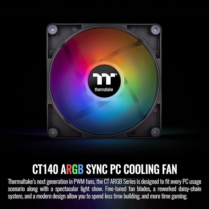 Thermaltake CT140 ARGB Sync PC Cooling Fan (2-Fan Pack), 5V Motherboard Sync, 16.8 Million Colors 9 Addressable LEDs, 140 mm Hydraulic Bearing Case/Radiator Fan, CL-F150-PL14SW-A,Black