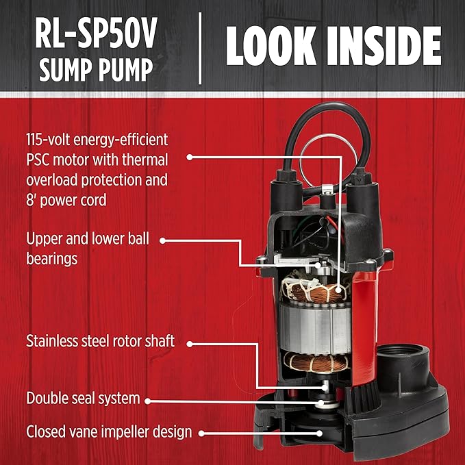 Red Lion RL-SP50V 115-Volt, 1/2 HP, 3523 GPH Aluminum and Thermoplastic Sump Pump with Vertical Switch and 8-Ft. Cord, Red, 14942743
