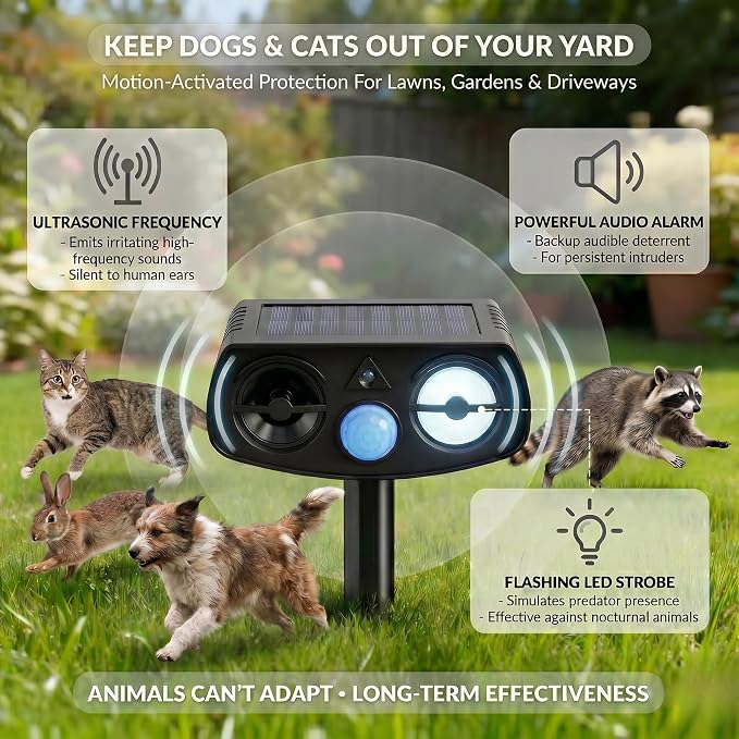 Solar Ultrasonic Animal Repeller Outdoor, Motion Sensor Waterproof Pest Deterrent, Raccoon Skunk Squirrel Rabbit Stray Dog Cat Repellent for Yard Garden Farm, 33ft 120° Coverage, 2 Pack Black