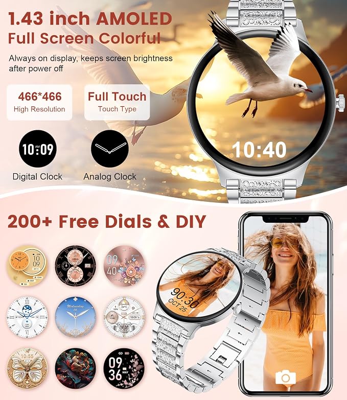 LIGE Ultra-Thin Smart Watch for Women,1.43" Always-on Display Smart Watch with Bluetooth Call,Health Tracker 100+ Sports Modes, Mutifuction Women Smartwatch for Android iOS 2 Straps(Silver)