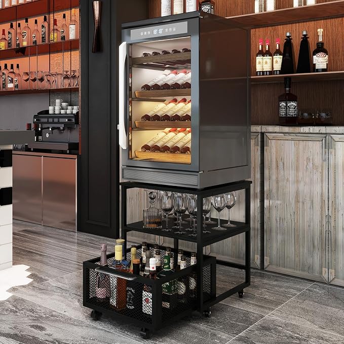 PUNCIA 19.7"x19.7" Mini Fridge Stand 3-Tier Storage Beverage Fridge Table | 220-lb Capacity Beverage Refrigerator Table, Heavy Duty Rolling Organizer with Drawers for Dorm Apartment Office Bedroom