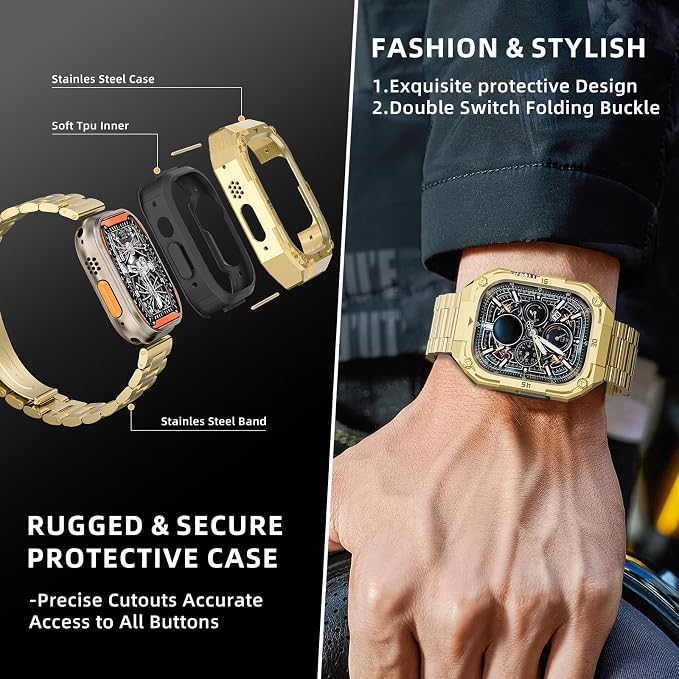 Formal Stainless Steel Watch Case with Band Compatible with Apple Watch Series 11 10 46mm Band for Men,Metal Protective Bumper Cover iwatch Band with Strap,Gold