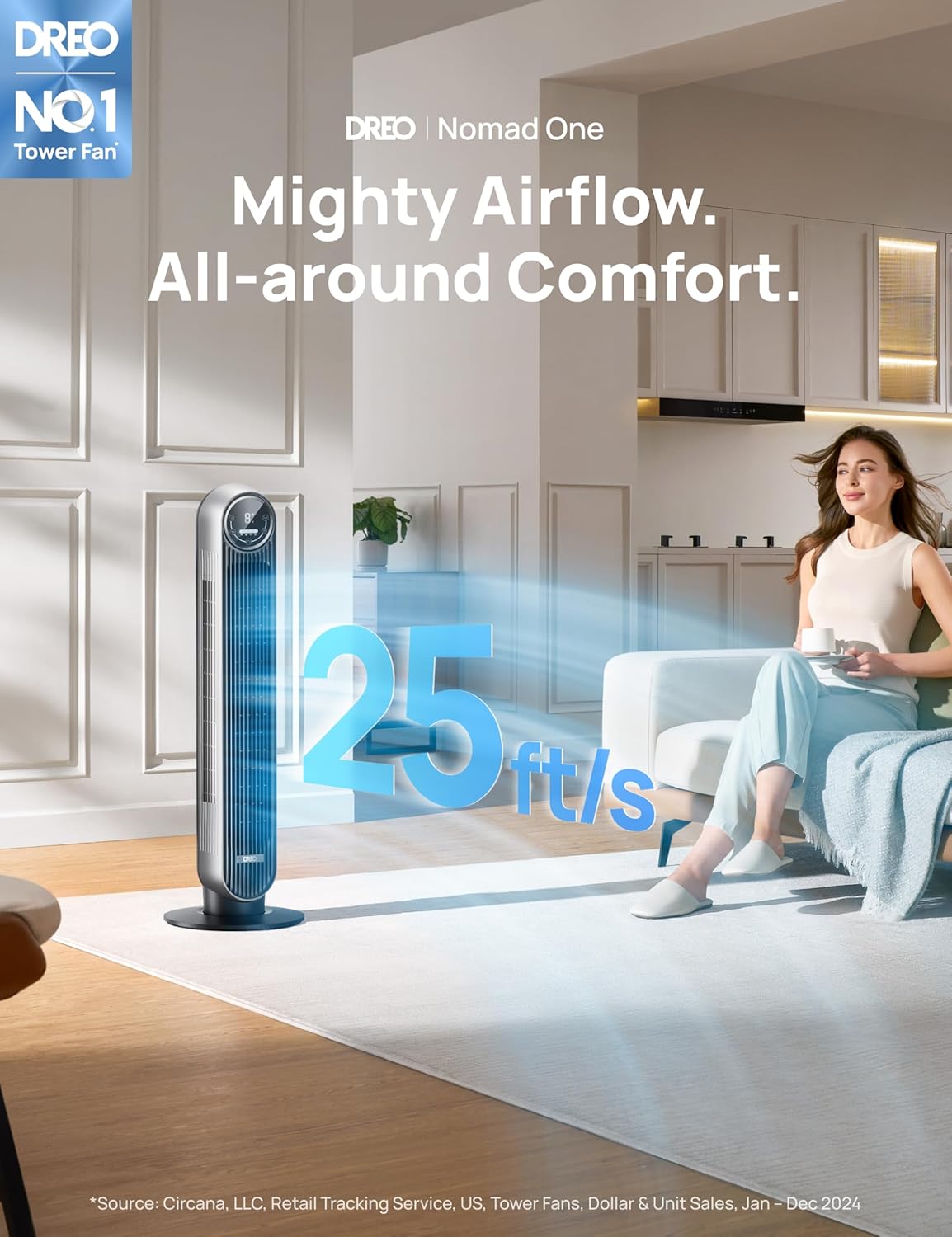 Dreo Tower Fan for Bedroom, 25ft/s Velocity Quiet Floor Fan, 90° Oscillating Fans for Indoors with 4 Speeds, 4 Modes, 8H Timer, Bladeless Fan, Standing Fans, Silver, Nomad One (DR-HTF007)