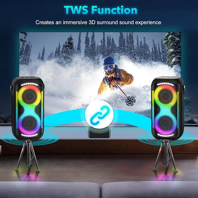Bluetooth Speaker 160W Loud Wireless Outdoor Portable Big Powerful Deep Bass Sound TWS Large Home Party Speakers with Subwoofer LED Lights(Black)
