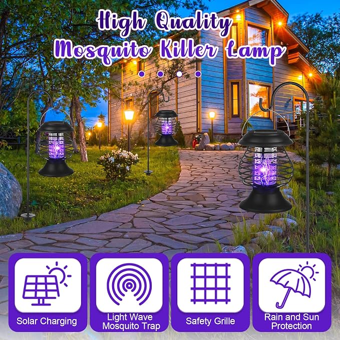 Qualirey 4 Pcs Outdoor Waterproof LED Solar Bug Zapper 2 in 1 Hanging Mosquito Zapper Mosquito Killer Outdoor Cordless Garden Waterproof Fly Insect Killer for Backyard Farm Patio