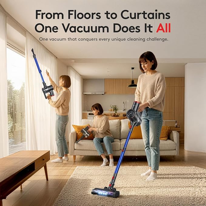 RONEAIR Cordless Vacuum Cleaner,40Kpa 45Min Vacuum Cleaners for Home,Self-Standing,Stick Vacuum with Wall Mount Storage,Anti-Tangle &,6 in 1 Lightweight Vacuum for Hard Floors Carpet Pet Hair - Blue
