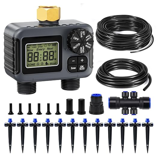 HIRALIY 50FT Drip Irrigation Kit with Garden Water Timer-2 Zone, Automatic Garden Watering System for Raised Bed, Quick Connect Design, Irrigation System for Plant Patio