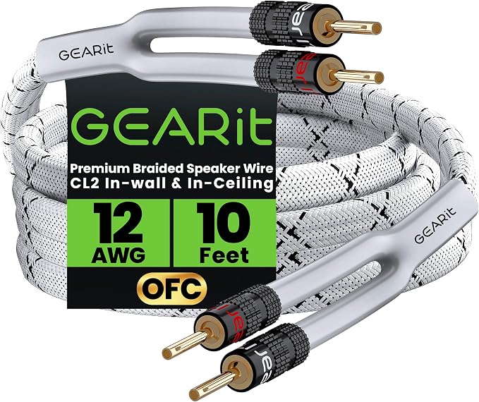 GEARit Speaker Cable with Banana Plugs White 12 Gauge 10 ft,Speaker Cable CL2 Rated 12AWG OFC,Heavy Duty Braided 12 Gauge Speaker Wire for Audiophiles,Hi-Fi Systems,Home Theater,Amplifiers & Speakers