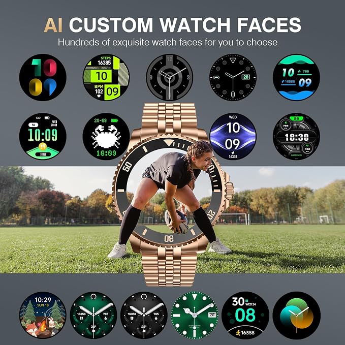 SOUYIE AI Smart Watch for Men, 1.19" AMOLED 44mm, 24/7 Heart Rate Blood Pressure Blood Oxygen Sleep Monitor, 107 Sports Tracker, IP67 Waterproof, Bluetooth Call Voice Assistant, for Android iOS Gold