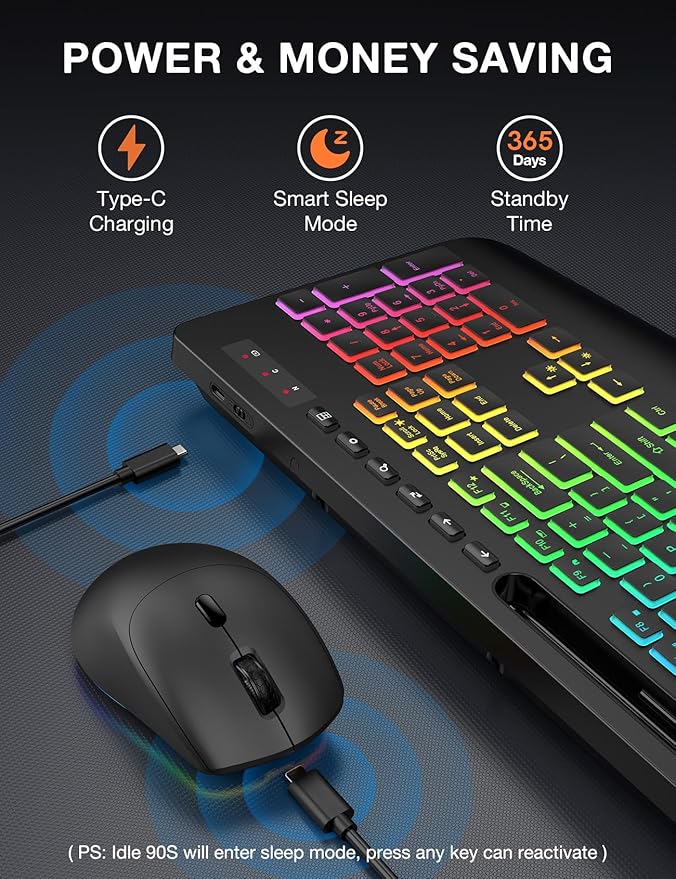 Wireless Keyboard and Mouse Combo - 9 Backlit Effects, RGB, Ergo Wrist Rest, Phone Holder, 2.4G Full Size, Rechargeable, Sleep Mode, KM22 MAX Quiet Set for Computer, PC, Laptop, Mac, Windows- SABLUTE