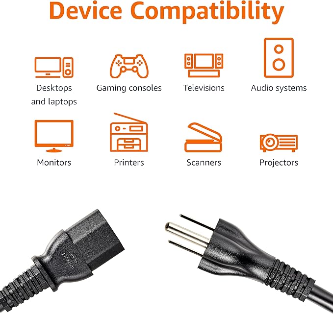 Amazon Basics PC Power Cord, 12 feet, Replacement AC Power Cord for Computer, Monitor, TV, Printer, 3 Prong, 18 AWG, 125 Volts, Black