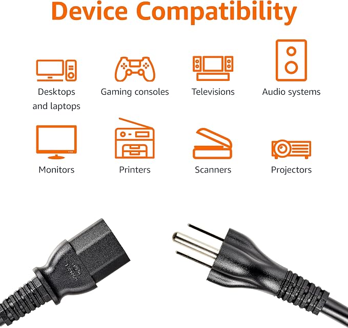 Amazon Basics Universal Replacement Power Cord for PC, Monitor, TV, Printer, 3-Prong, 18 AWG, 125 Volts, 15 feet, Black (Pack of 2)