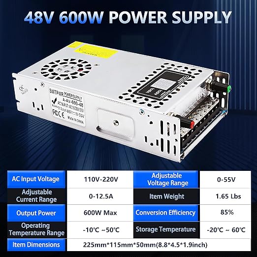 Adjustable Power Supply DC 0-48V 0-12A 600W with LED Display 48V Power Supply Variable AC to DC Converter 110V to 48V Designed for LED Light Car Stereo Electronics (48V-12A-600W, DC48V)
