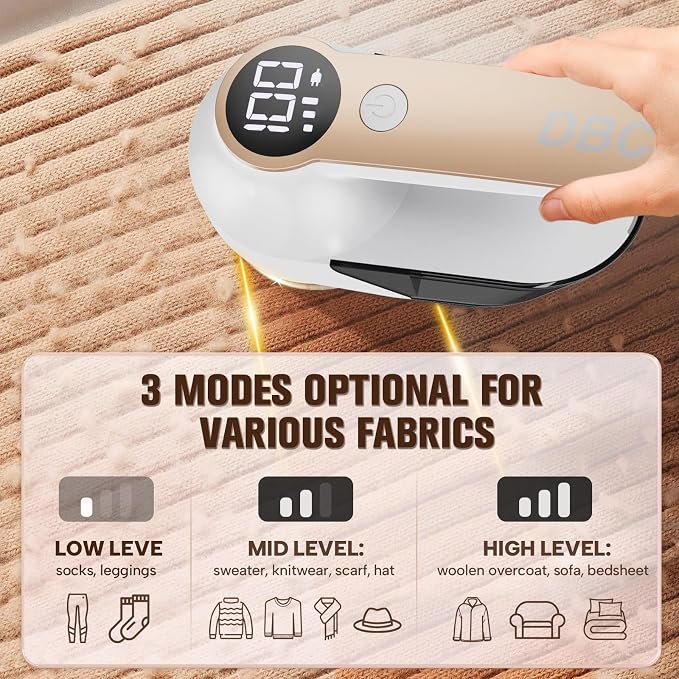 DBC Fabric Shaver with Seperate Lint Box, LED Display, 15000r/Min Powerful Motor, 6-Leaf Blades, 3-Speeds Electric Lint Remover for Sweater, Clothes, Couch, Furniture, Sofa - Gold & White