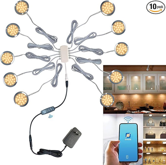 Smart LED Puck Lights, Dimmable Under Cabinet Lighting with Bluetooth App Control, Music Sync, Timer, DC 12V Adaptor (10Pack, Warm-White)