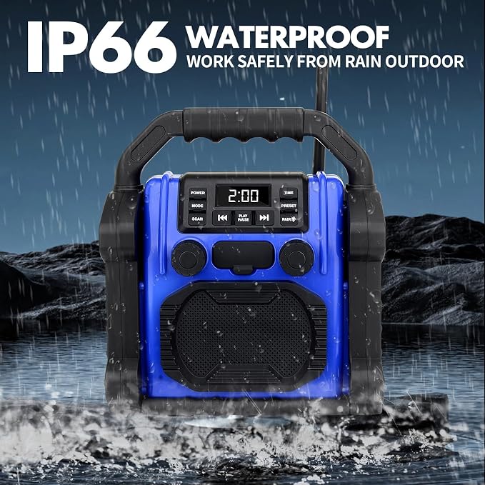Outdoor Radios Waterproof Bluetooth Speaker, 30W 8000mAh Battery FM Clock Radio,Portable with LED Lights，Anticollision FM Radios for Outdoor/Workshop/Garage (Blue)