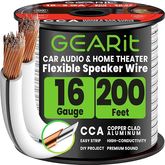 GEARit 16 Gauge Speaker Wire 200 ft,16 Gauge Wire with Foot Markers & Polarity Markings,Flexible Speaker Cable for Car Audio & Home Theater Speakers,Audio Cable for DIY Installations,CCA(White)