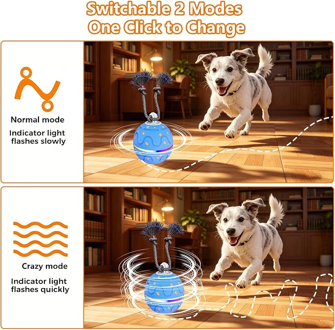 Smart Interactive Dog Ball – Automatic Moving, Bouncing & Rotating Toy for Medium/Large Dogs, E‑TPU Rolling Ball with Normal & Crazy Modes, Bird Sounds, Washable Cover, Type‑C Charging