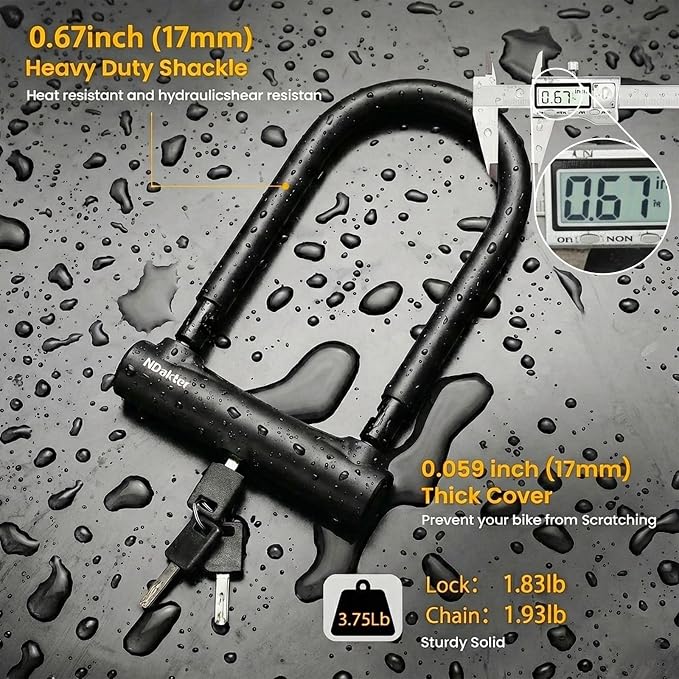 NDakter Bike Locks, 17mm Heavy Duty Anti Theft, Bike U Lock with 4FT Chain and Bracket, Electric Bicycle Lock for Scooter, 3 Keys Motorcycle Wheel Lock for Ebike, Moped, Tricycle