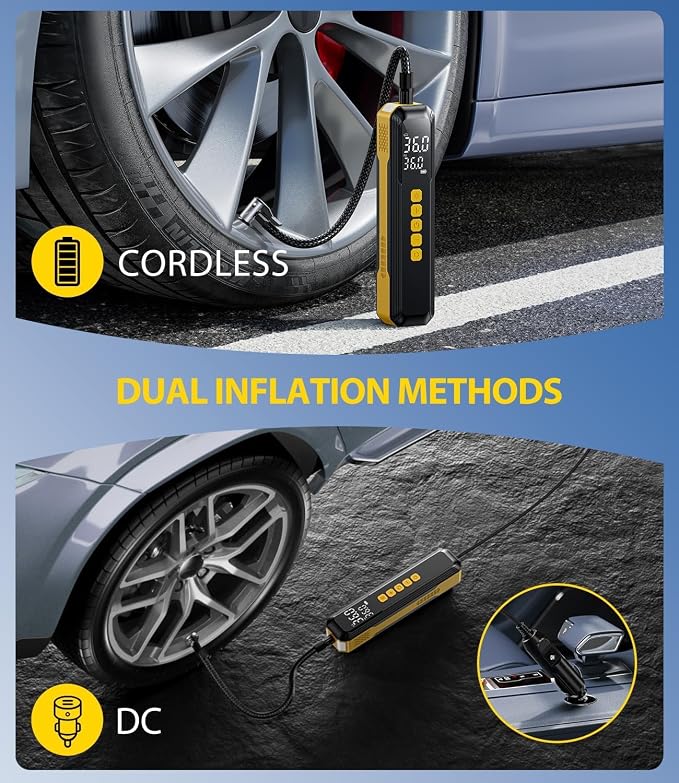 Tire Inflator Portable Air Compressor, 150PSI Air Pump for Car Tires with LED Light, Cordless Tire Pump with Digital Pressure Gauge, Tire Inflator for Car, Bike, Motorcycle, Ball (Yellow-length)