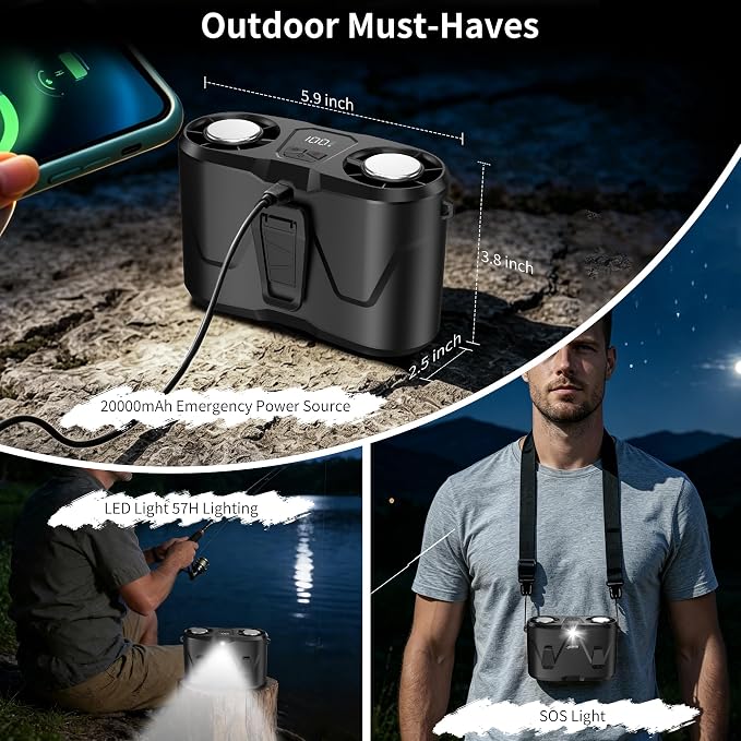 20000mAh Wearable Waist Fan, USB Rechargeable Personal Fan with 10 Wind Speeds, Dual Motors Portable Clip On Fan, Hands Free Cooling Fan for Outdoor Working Camping Travel (Black)
