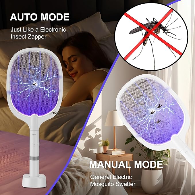 Electric Fly Swatter Racket, 4000V Bug Zapper Racket Rechargeable Fly Zapper Dual Modes Mosquito Swatter Portable with Purple Light & 3-Layer Safety Nets for Indoor & Outdoor, 2 Pack (2-Pack-Oval)