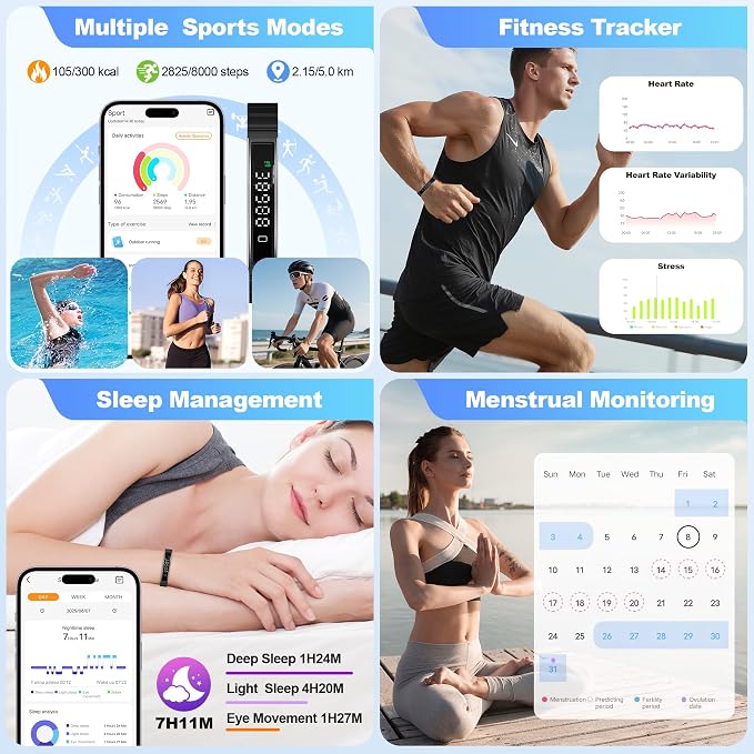 Smart Bracelet for Women Men, Health Activity Fitness Trackers, 24/7 Heart Rate & Sleep Tracker, HRV & Stress Monitor, Smart Wristband with 2 Bands for Calorie/Step Counter, Free APP for iOS & Android