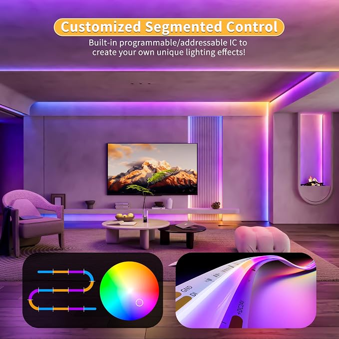 PAUTIX RGB Smart IC COB LED Strip Light Addressable 32.8ft/10m,UL-Listed 24V Color Flowing Strip Light Multicolor Flexible Tape Light for TV,Bedroom,Party DIY Decoration(Without Controller&Adapter)