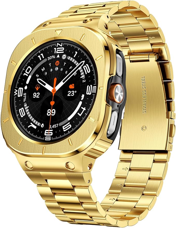 SUPLINK Stainless Steel Case and Band Compatible with Samsung Galaxy Watch Ultra Bands Men(2025/2024),Rugged Protective Case Bumper Metal Adjustable Bands for Samsung Watch Ultra Band 47mm,Gold