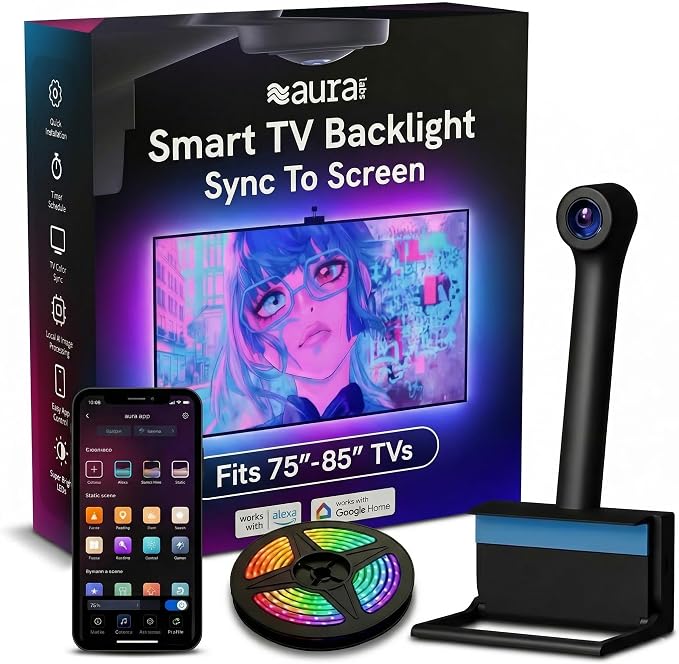 Aura Labs Smart TV Backlight Sync to Screen for 70-85 Inch TV - Camera-Based Color Match - Backlighting for TV - Voice and App Control - RGB LED Strip Light - LED Lights for TV