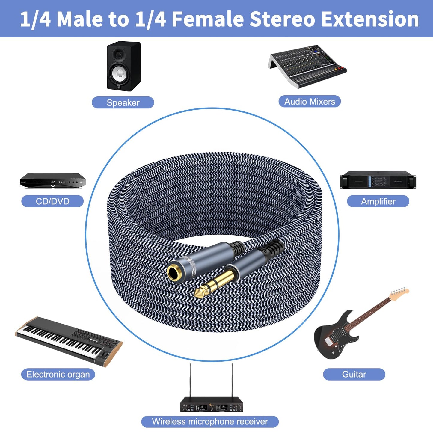 1/4 inch Extension Cable 1.5ft, 1/4" inch Male to Female Stereo Headphone Guitar Extension Cable